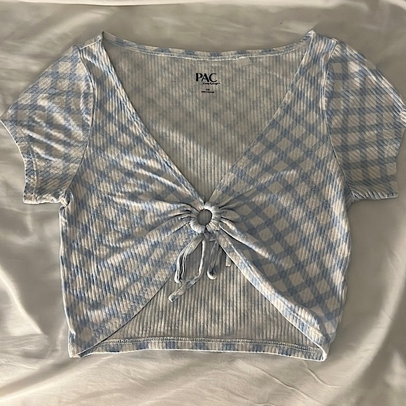 PACSUN Blue & White Gingham Short Sleeve Cropped Top - Picture 2 of 4